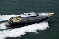 Tecnomar Velvet 26, Italy. ^^^It has two MTU turbodiesel motors of 2400 HP each, which can push this heavy boat up to 35 knots per hour. Average of about 700 litres of gasoline per hour; with a capaci...