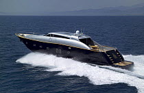 Tecnomar Velvet 26, Italy. ^^^It has two MTU turbodiesel motors of 2400 HP each, which can push this heavy boat up to 35 knots per hour. Average of about 700 litres of gasoline per hour; with a capaci...
