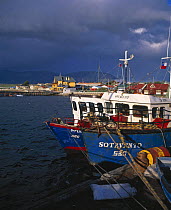 Fishing boats tied to the quay under grey clouds, Puerto Natales, Chile.