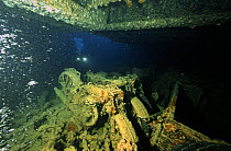 Motorbikes and other cargo aboard the wreck of the SS Thistlegorm, located in the Straits of Gubal, Northern Red Sea. She was sunk by German bomber planes in World War II ^^^and has lain at the bottom...