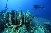 Diver exploring an anchor's winch on the prow's deck on wreck of the SS Thistlegorm, located in the Straits of Gubal, Northern Red Sea. Sunk by German bomber planes in World War II ^^^and has lain at...