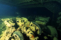 Motorbikes and other cargo aboard the wreck of the SS Thistlegorm, located in the Straits of Gubal, Northern Red Sea. She was sunk by German bomber planes in World War II ^^^and has lain at the bottom...