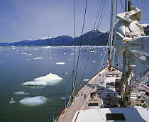 Superyacht "Sariyah" exploring the end of a glacier in the southern fjords of Chile.