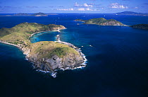 Aerial view of Salt Island (an island with Salt harvesting) with Cooper Island behind it, British Virgin Islands (BVI)