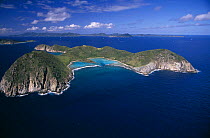 Aerial view of uninhabited Ginger Island with Tortola Island behind, British Virgin Islands (BVI)