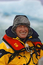 Jan-Eric Osterlund, owner of superyacht "Adele", enduring the elements, during the yacht's maiden voyage to Spitsbergen, Norway. ^^^ The 180-foot yacht is an Andre Hoek design, built by Vitters Shipy...