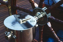Steering wheel and pedestal compass of classic gaff-rigged schooner "Altaïr", designed and built in 1929 by William Fife III.