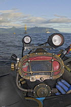 Commercial hard hat diver's helmit with lights, Oahu, Hawaii.