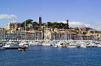 Yachts moored in Cannes Old Harbour, French Riviera.
