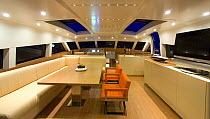 Living area aboard a Continential 80 motor yacht, designed and built at Cantieri CNM. Cannes, France.