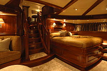 Owners' aft cabin below decks on 180ft ketch "Adele". ^^^ The ketch is a 180-foot Andre Hoek designed yacht, built by Vitters Shipyard, Holland, and owned by Jan-Eric Osterlund. Non editorial uses mus...