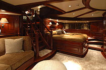 Owners aft stateroom on 180ft ketch "Adele". ^^^ The ketch is a 180-foot Andre Hoek designed yacht, built by Vitters Shipyard, Holland, and owned by Jan-Eric Osterlund. Non editorial uses must be clea...