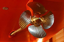 180ft ketch "Adele" before she had been launched in the water. This view from below shows her shiny new propellor. The picture was taken at Adele's launch party at Vitters on 2nd April 2005. Non edito...