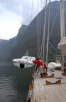 Superyacht "Adele" exploring the Norwegian Fjords in the Sognefjord area, during week 25 of her maiden voyage. Crew lower a dinghy in to the water in preparation for exploration.^^^ Adele is a 180-fo...
