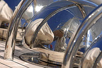 Mast reflects in the shiny, new dorades on the deck of 180ft superyacht "Adele". ^^^180 foot Andre Hoek designed ketch, built by Viitters Shipyard in Holland.