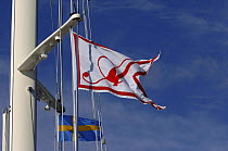 "Adele's" flag flying by the Swedish flag from her mast. ^^^ Adele is a 180-foot Andre Hoek designed yacht, built by the world renowned Vitters Shipyard in Holland. Her owner is Jan-Eric Osterlund....