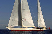 180ft Superyacht "Adele", with crew up the foresail, sailing through Swedish waters on her maiden voyage in 2005.  Non editorial uses must be cleared individually.