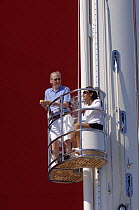 Guests on board superyacht "Adele" enjoy the view from the crow's nest, which can be hoisted and lowered by a hydraulic captive winch. It reaches 40 metres above the waterline. ^^^ Adele is 180 foot...