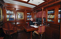 Superyacht "Adele" boasts a library with twin colour corrected computer screens. ^^^ The 180-foot luxury ketch was designed by Andre Hoek and built by the famous Vitters Shipyard in Holland. It is own...