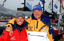 Lisa McDonald skipper of "Amer Sport Too" says goodbye to husband Neal McDonald, skipper of "Assa Abloy" as the boats prepare to leave the dock in Annapolis for leg 7 of the Volvo Ocean Race, 2001-200...