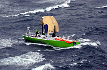 "SEB" under jury rig approaching the Chilean coast after losing her mast in the Volvo Ocean Race, February 14, 2002.