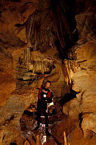 Diver looking at stalactites and stalagmites in Afitrite / Falco cave, near Alghero, Sardinia, Italy.