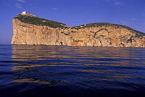 Capo Caccia promontory, 168m high, Porto Conte bay, Alghero, Sardinia. The lighthouse ontop is still manned, and ^^^ caves can be found above and under water: Neptune's cave (grotta di Nettuno), Green...