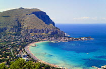 Bay of Mondello, Palermo's waterfront suburb, Sicily, Italy.