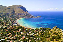 Bay of Mondello, Palermo's waterfront suburb, Sicily, a popular beach resort.