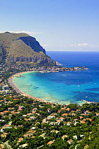Looking down on the bay of Mondello, Palermo's waterfront suburb, Sicily, Italy.