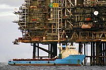 Offshore supply ship "Maersk Forwarder" unloading containers at Miller B oil/gas platform in the North Sea. Autumn 2006.
