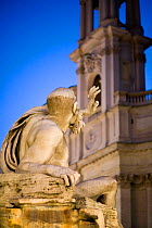 Bernini's Fontana dei 4 fiumi (fountain of the four rivers) in Rome's Piazza Navona. The statue seen here represents the Rio della Plata River and the riches of the Americas. In the background is the...