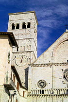 Clock and bell tower of San Rufino Cathedral, Assisi, Italy.