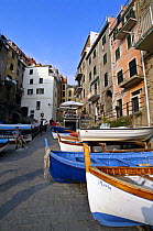 Small fishing boats on a waterside street in the tiny coastal town of Riomaggiore, situated in the Cinque Terre, Liguria, Italy.