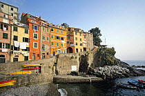 Small beach in the fishing village of Riomaggiore, in Liguria's Cinque Terre, Italy.