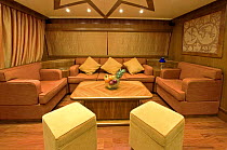 Luxurious seating area inside a Technema 65 motoryacht, built at the Rizzardi boatyard. Italy.