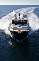 Portland 55 motoryacht, built by Abati yachts, cruising the Mediterranean. Tuscany, Italy.