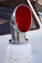 Funnel of a traditionally styled Portland 55 motoryacht, built at the Abati boatyard in 2006. Tuscany, Italy.