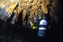 Diver exploring rock formations in Crib Cave (Grotta del Presepe) in the dive centre of Marina di Camerota, Campania, Italy.