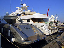 Superyachts moored at the marina in Viaraggio, Tuscany, Italy.