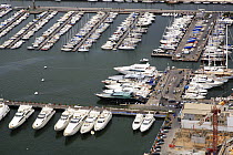 Yachts and superyachts moored in the marina at Viareggio, Tuscany, Italy.