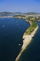 Aerial view of the Tirrenian coast between Bacoli and Baia (Pozzuoli), near Naples, Campania region, Italy.