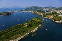 Aerial view of the Tirrenian coast between Bacoli and Baia (Pozzuoli), near Naples, Campania region, Italy.