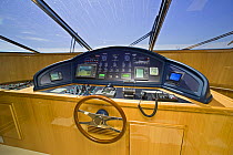 The cockpit of Velvet 83', a luxurious motoryacht model from boatbuilders Cantieri Tecnomar, Viareggio, Italy.