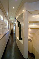 Precious sculptures line the ultra modern and sleek corridor on the 35-metre Gaia motoryacht model, created by Cantieri Maiora, Italy.