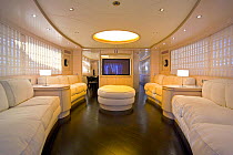 A luxurious living room below decks, complete with HD flat screen, on the 35-metre Gaia motoryacht, created by Cantieri Maiora, Italy.