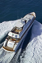 Luxurious 35-metre Gaia motoryacht, a model from the Cantieri Maiora boathouse, cruising along the coast of Viareggio, Tuscany, Italy.