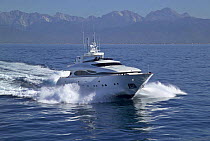Luxurious 35-metre Gaia motoryacht, a model from the Cantieri Maiora boathouse, cruising along the coast of Viareggio, Tuscany, Italy.