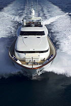 Luxurious 35-metre Gaia motoryacht, from the Cantieri Maiora boathouse, cruising along the coast of Viareggio, Tuscany, Italy.