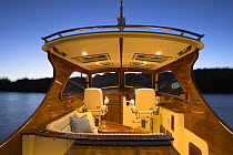 Hinckley Picnic motorboat interior at dusk.